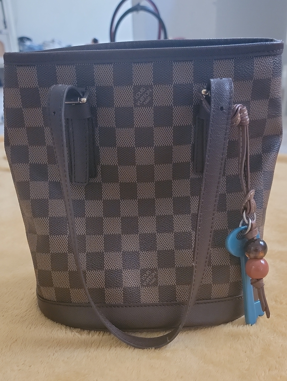 Louis Vuitton Brown Damier Shoulder Bucket Bag with Blue Charm